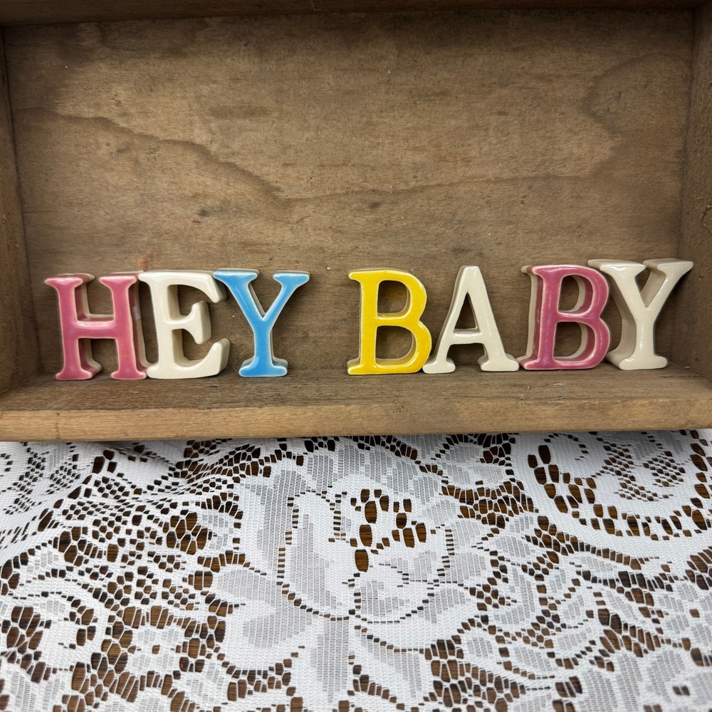 Vintage Style Ceramic HEY BABY Alphabet Letters Multi Color Nursery Decor 7pc